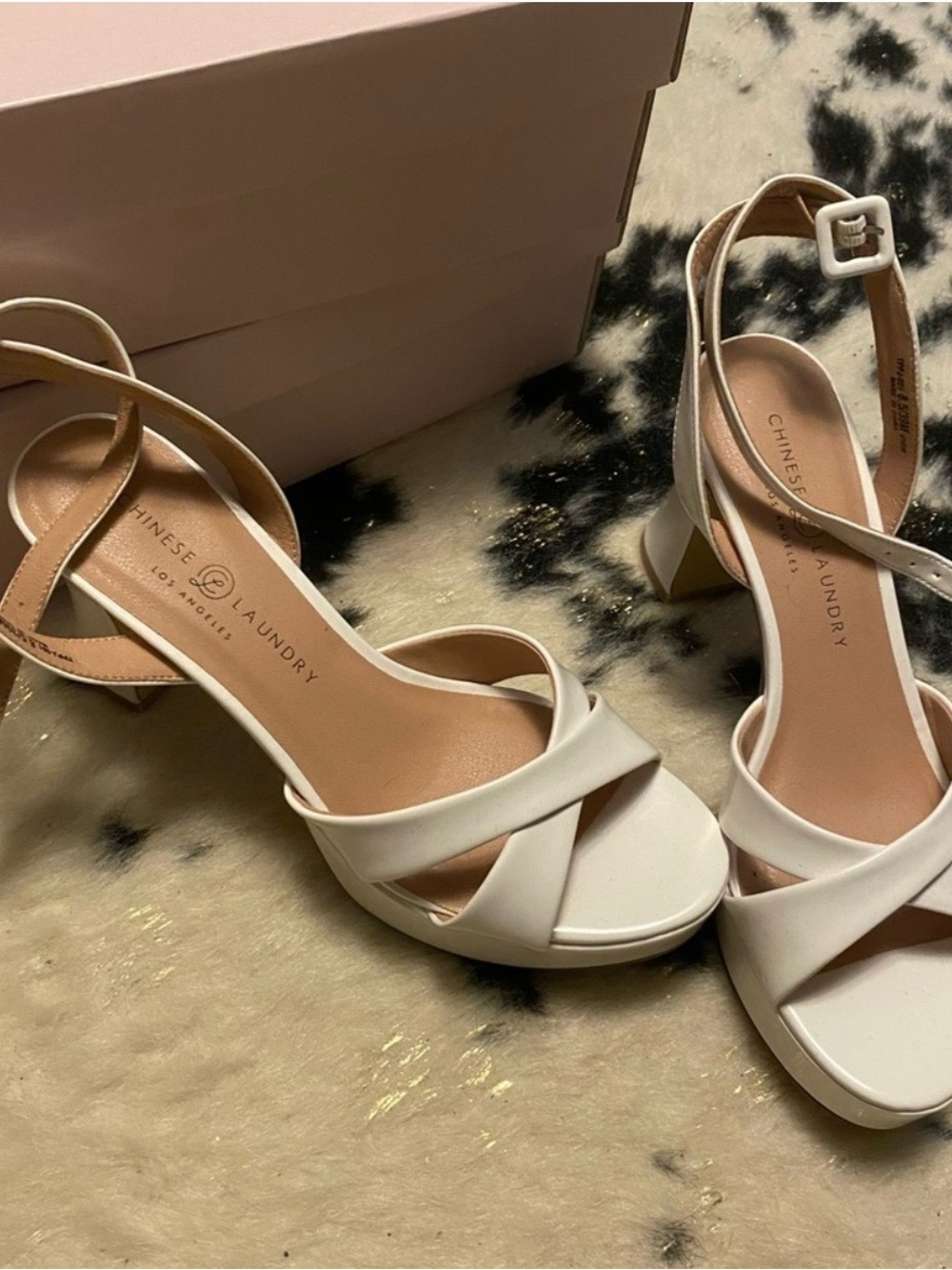 NWT Chinese Laundry Cream Crisscross Ankle Strap Block Heels